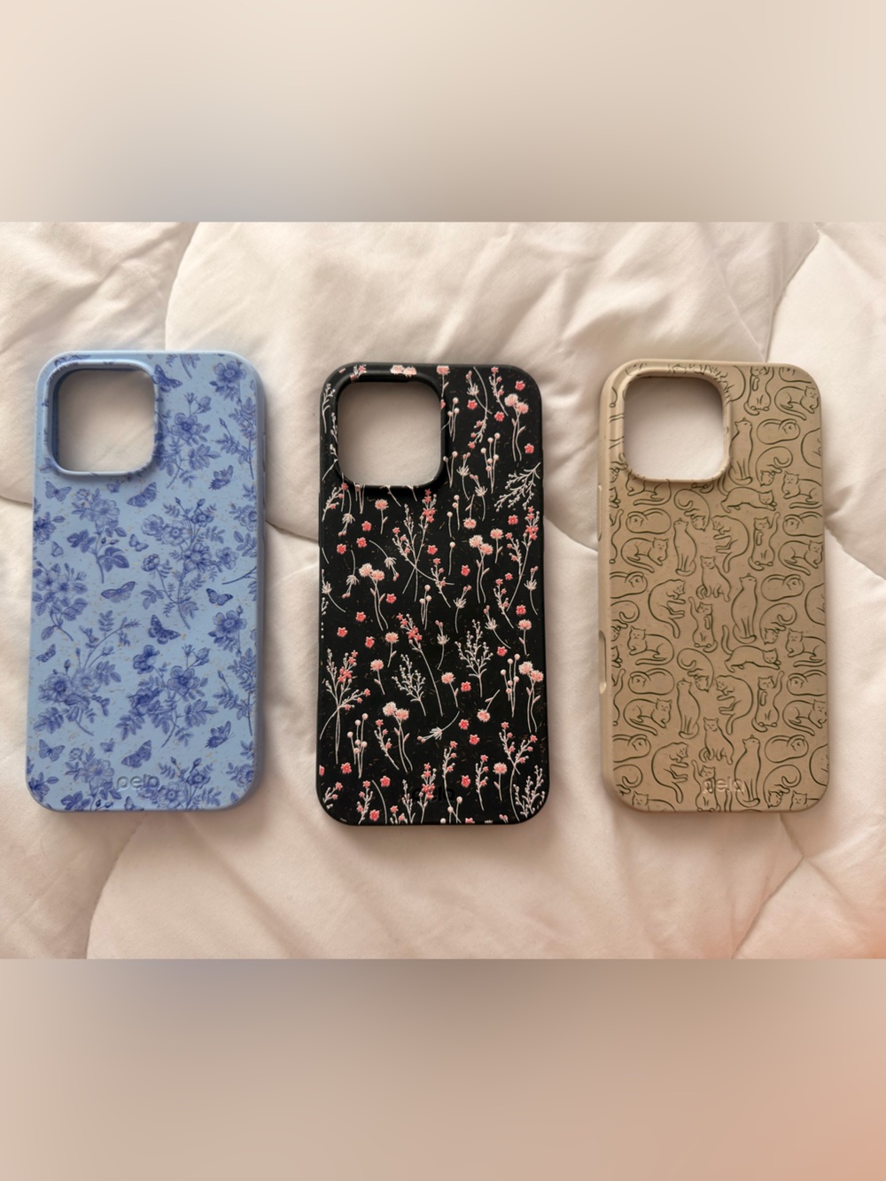 Pela iPhone 15 Pro Max Floral & Cats Pattern Phone Case Trio - Blue, Black & Tan